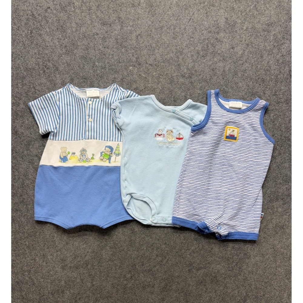 Vintage Carters Baby Boy Lot 3pc Blue Striped Romper Bodysuit Sunsuit 6-9M USA